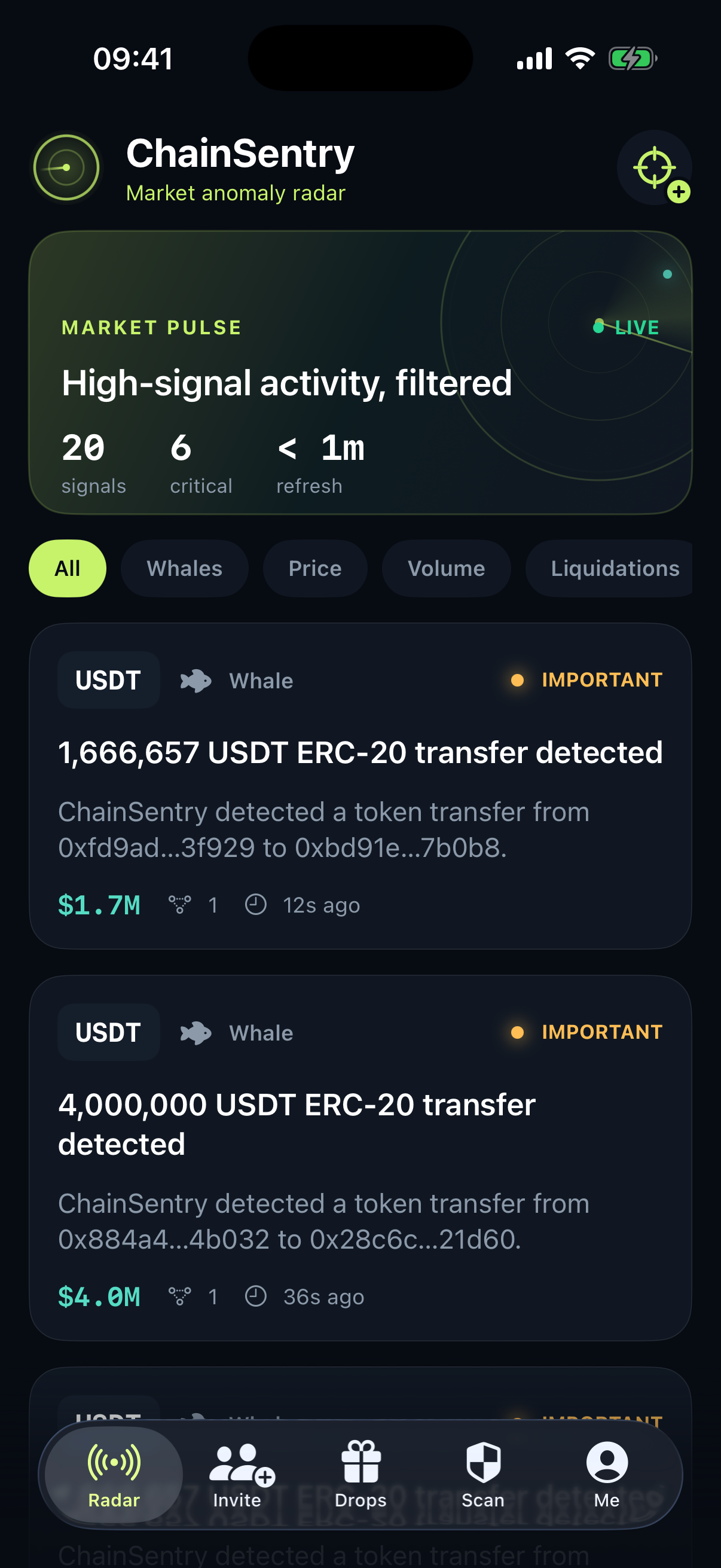 ChainSentry market radar screen in English
